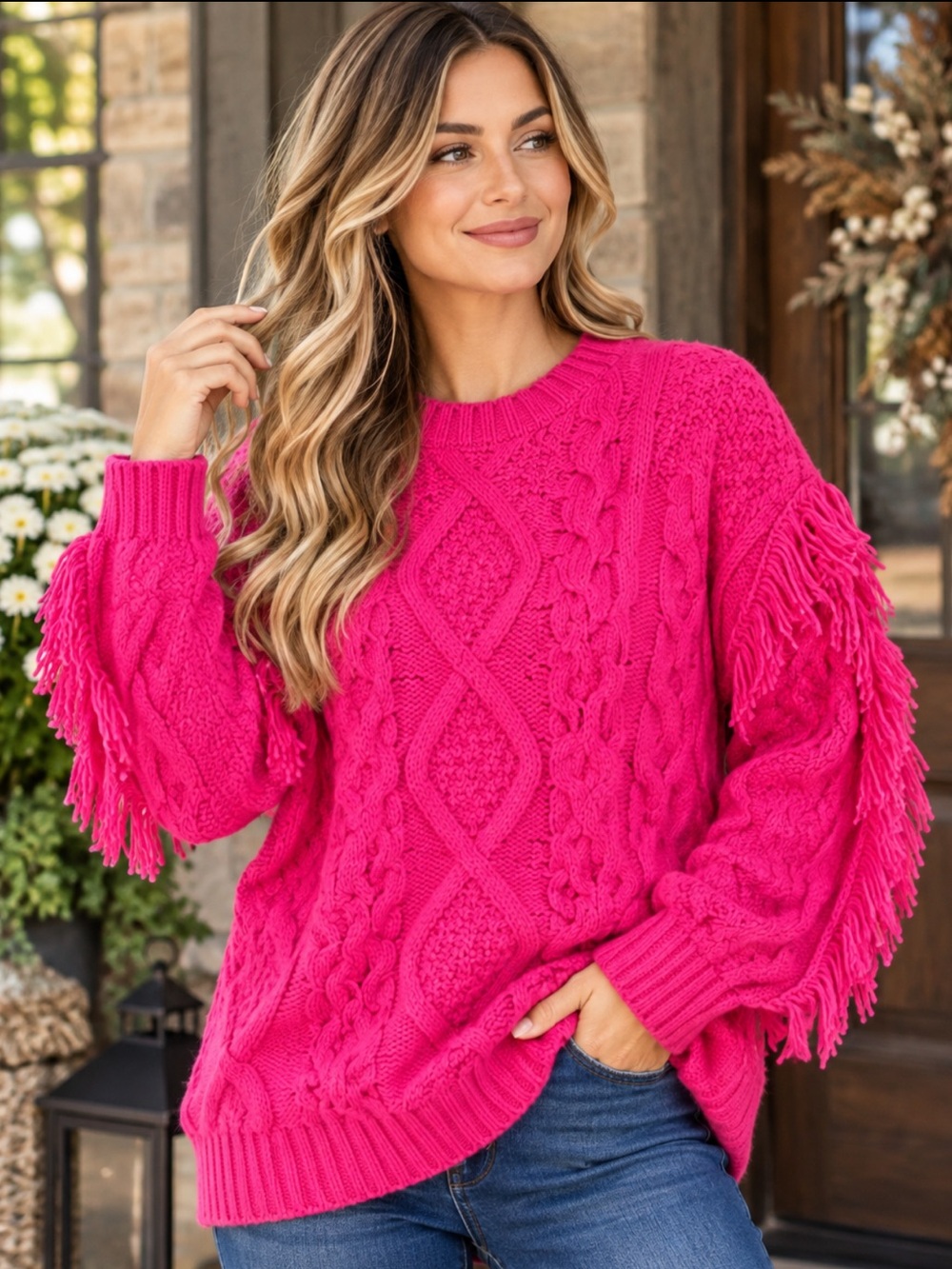 Sugarlips Bowman Fuchsia Cable Knit Fringe Sleeve Sweater NWT